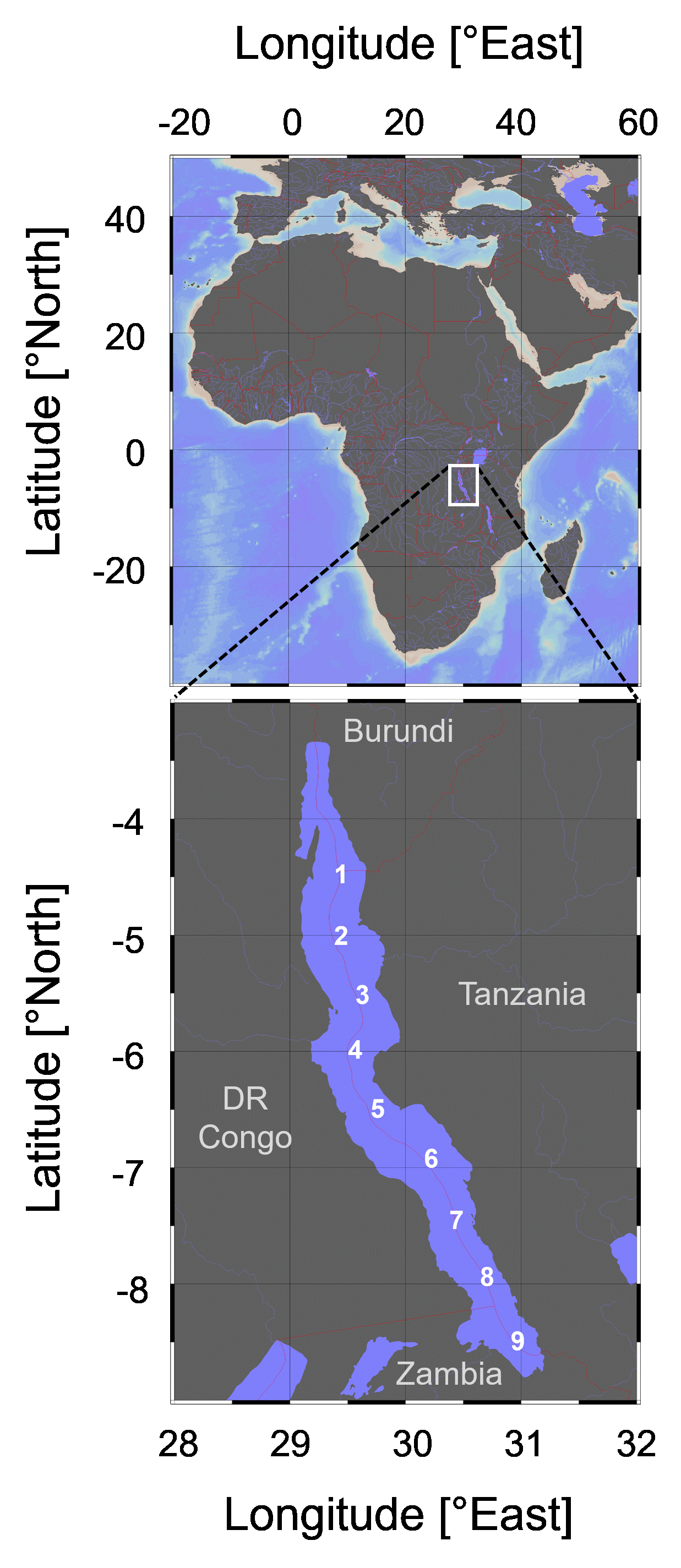 Map of Lake Tanganyika including the nine sampling stations of our lake-​wide surveys.