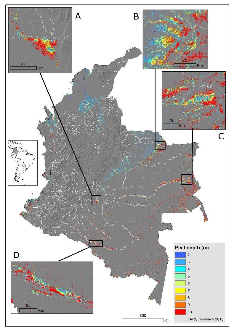Enlarged view: Map of peat depth in Colombia based on model from Gumbricht et al. 2017